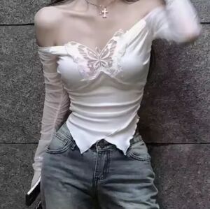Butterfly Lace Semi Sheer White Off-Shoulder Top